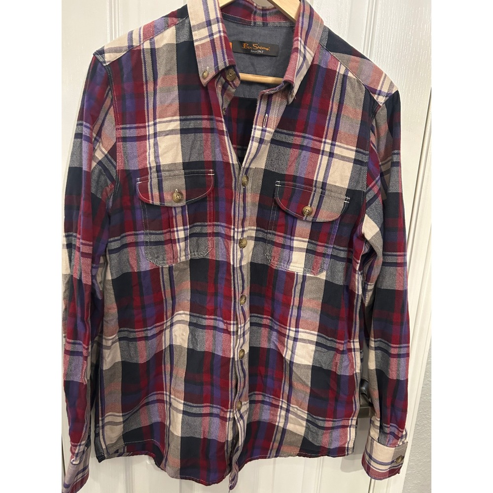 Ben Sherman Mens Mod Fit Plaid Flannel‎ Button Down Shirt Red Purple MA00439 L